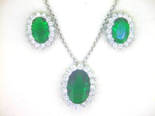 Sim. Emerald & Cubic Zirconia Oval Halo Pendant W/Chain & Earring Set Sterling Silver   *FINAL SALE*