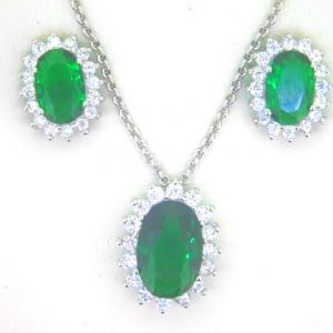 Sim. Emerald & Cubic Zirconia Oval Halo Pendant W/Chain & Earring Set Sterling Silver   *FINAL SALE*
