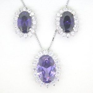 Sim. Amethyst Oval & Cubic Zirconia Cluster Pendant W/Chain & Earring Set Sterling Silver   *FINAL SALE*