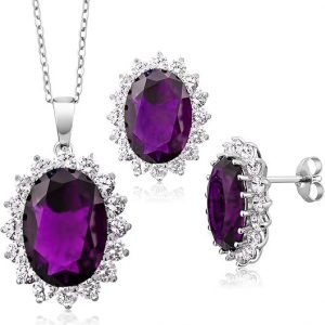 Sim. Amethyst Oval & Cubic Zirconia Cluster Pendant W/Chain & Earring Set Sterling Silver   *FINAL SALE*