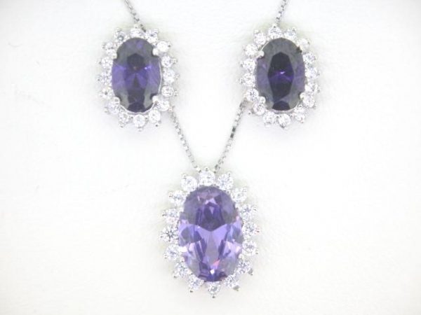 Sim. Amethyst Oval & Cubic Zirconia Cluster Pendant W/Chain & Earring Set Sterling Silver   *FINAL SALE*