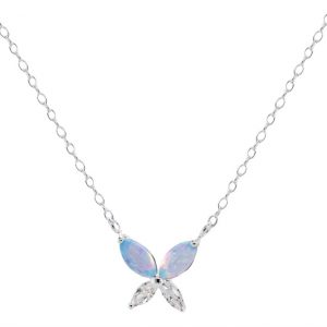 Sim. Opal with Cubic Zirconia Butterfly Adjustable 16-18" Necklace Sterling Silver/12MM