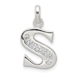 S Initial Block with Cubic Zirconia Sterling Silver Pendant/15MM
