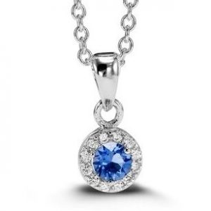Simulated Birthstone & Cubic Zirconia Halo Pendant W/18" Chain Sterling Silver/SEP