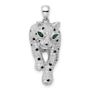 Panther Head with Cubic Zirconia & Sim. Green Eyes Pendant w/18" Chain Sterling Silver