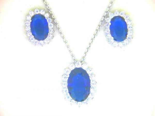 Sim. Sapphire & Cubic Zirconia Halo Pendant W/ Chain & Earring Set Sterling Silver    *FINAL SALE**