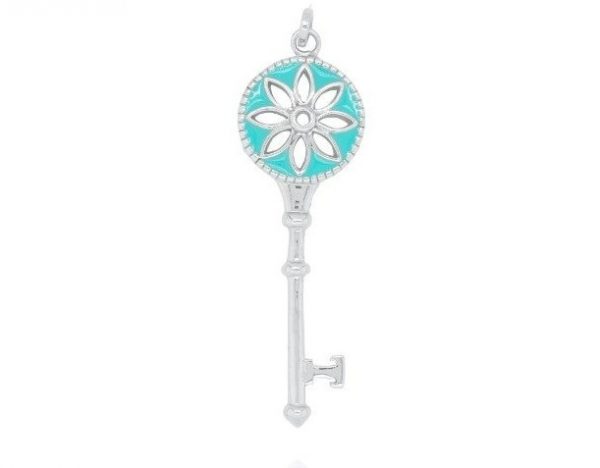 Blue Enamel Skeleton Key Pendant Sterling Silver/46MM