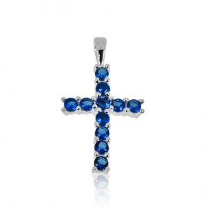 Sim. Blue Sapphire Cross Pendant Sterling Silver/19MM