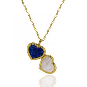 Lapis & Mother of Pearl Double Sided Heat Shaped Locket with 16-18" Chain Gold Plated Sterling Silver/14MM
