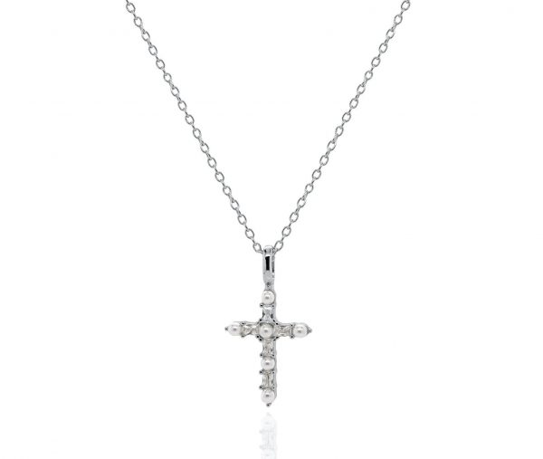 Fresh Water Pearl & Cubic Zirconia Cross Pendant with 16-18" Chain Sterling Silver/17MM
