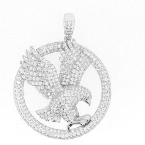 Eagle in Round Frame Cubic Zirconia Pave Pendant Sterling Silver/42MM