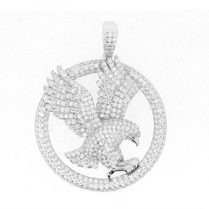 Eagle in Round Frame Cubic Zirconia Pave Pendant Sterling Silver/42MM