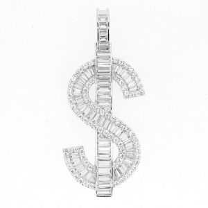 Dollar Sign Cubic Zirconia Pendant Sterling Silver/50MM