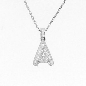 A Initial Cubic Zirconia Pave Pendant with 18" Chain Sterling Silver/14MM