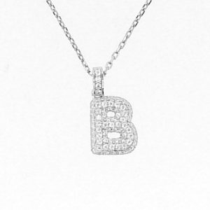 B Initial Cubic Zirconia Pave Pendant with 18" Chain Sterling Silver/14MM