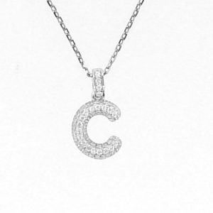 C Initial Cubic Zirconia Pave Pendant with 18" Chain Sterling Silver/14MM