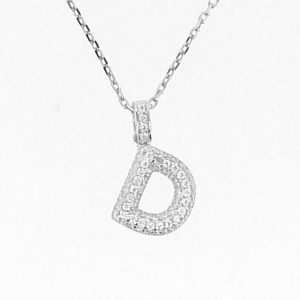 D Initial Cubic Zirconia Pave Pendant with 18" Chain Sterling Silver/14MM