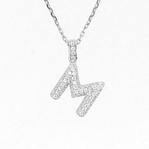 M Initial Cubic Zirconia Pave Pendant with 18" Chain Sterling Silver/14MM