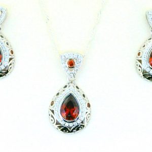 Sim. Red Stone Pear Shape & Cubic Zirconia Vintage Design Earrings & Pendant with 18" Chain Sterling Silver