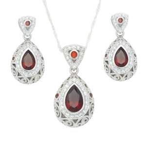 Sim. Red Stone Pear Shape & Cubic Zirconia Vintage Design Earrings & Pendant with 18" Chain Sterling Silver