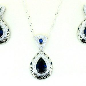 Sim. Blue Stone Pear Shape & Cubic Zirconia Vintage Design Earrings & Pendant with 18" Chain Sterling Silver