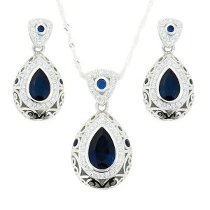 Sim. Blue Stone Pear Shape & Cubic Zirconia Vintage Design Earrings & Pendant with 18" Chain Sterling Silver