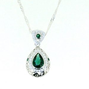 Sim. Green Stone Pear Shape & Cubic Zirconia Vintage Design Pendant with 18" Chain Sterling Silver