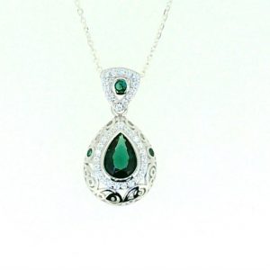 Sim. Green Stone Pear Shape & Cubic Zirconia Vintage Design Pendant with 18" Chain Sterling Silver