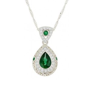 Sim. Green Stone Pear Shape & Cubic Zirconia Vintage Design Pendant with 18" Chain Sterling Silver