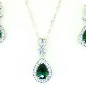 Sim. Green Stone Pear Shape & Cubic Zirconia Halo Earrings & Pendant with 18" Chain Sterling Silver