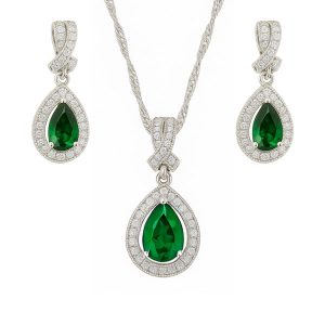 Sim. Green Stone Pear Shape & Cubic Zirconia Halo Earrings & Pendant with 18" Chain Sterling Silver