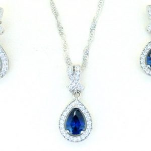 Sim. Blue Stone Pear Shape & Cubic Zirconia Halo Earrings & Pendant with 18" Chain Sterling Silver
