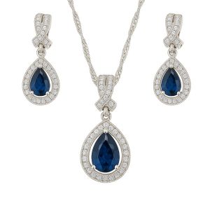 Sim. Blue Stone Pear Shape & Cubic Zirconia Halo Earrings & Pendant with 18" Chain Sterling Silver