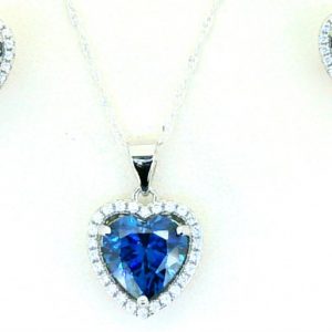Sim. Blue Stone Heart Shape & Cubic Zirconia Halo Earrings & Pendant with 18" Chain Sterling Silver