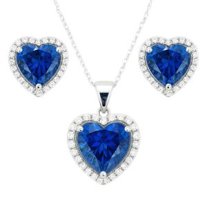 Sim. Blue Stone Heart Shape & Cubic Zirconia Halo Earrings & Pendant with 18" Chain Sterling Silver