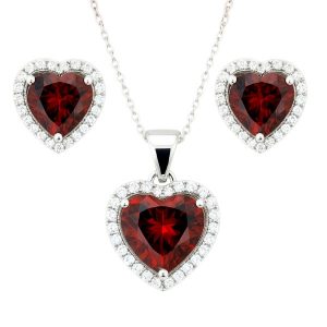 Sim. Red Stone Heart Shape & Cubic Zirconia Halo Earrings & Pendant with 18" Chain Sterling Silver