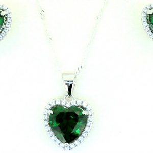 Sim. Green Stone Heart Shape & Cubic Zirconia Halo Earrings & Pendant with 18" Chain Sterling Silver