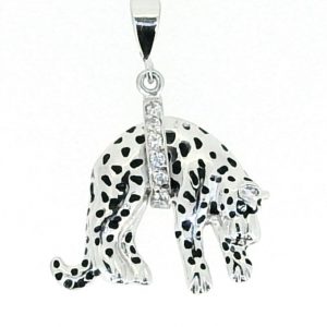 Sleeping Leopard with Black Enamel & Cubic Zirconia Pendant with 18" Chain Sterling Silver/22MM