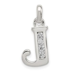 J Initial Block with Cubic Zirconia Sterling Silver Pendant/15MM