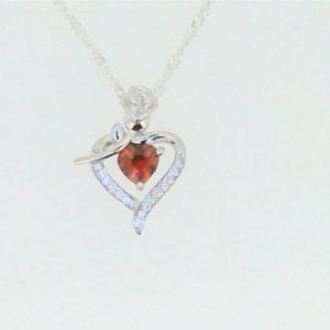5MM Heart Shaped Sim. Birthstone w/Cubic Zirconia Heart & Rose Pendant with 18" Chain Sterling Silver/15MM