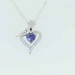 5MM Heart Shaped Sim. Birthstone w/Cubic Zirconia Heart & Rose Pendant with 18" Chain Sterling Silver/15MM