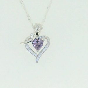 5MM Heart Shaped Sim. Birthstone w/Cubic Zirconia Heart & Rose Pendant with 18" Chain Sterling Silver/15MM