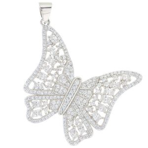 Cubic Zirconia Filigree Butterfly Pendant Sterling Silver/30MM