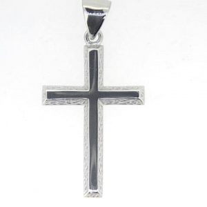 Engraved Beveled Edge Solid Cross Pendant Sterling Silver/40MM