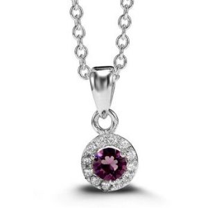 Simulated Birthstone & Cubic Zirconia Halo Pendant W/18" Chain Sterling Silver/FEB