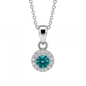 Simulated Birthstone & Cubic Zirconia Halo Pendant W/18" Chain Sterling Silver/DEC