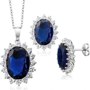 Sim. Sapphire & Cubic Zirconia Halo Pendant W/ Chain & Earring Set Sterling Silver    *FINAL SALE**