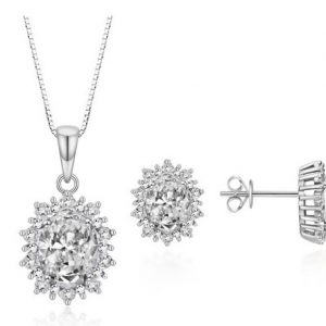Cubic Zirconia Oval Cluster Pendant W/Chain & Earring Set Sterling Silver   *FINAL SALE*