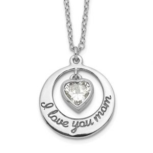 I Love You Mom  &  Cubic Zirconia Heart Dangle 15-18" Adjustable Necklace Sterling Silver