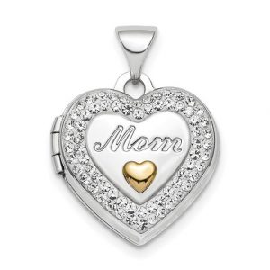 MOM Cubic Zirconia Heart Locket with 18" Chain TT Sterling Silver